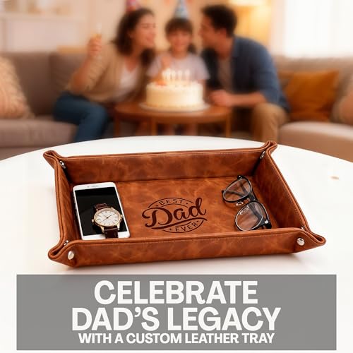 Leather Valet Tray for Best Dad – Personalized Engraved Catch All Tray with Custom Name or Initials – Unique Leather Organizer Gift for Father’s Day, Birthday, or Christmas from Daughter, Son, or Wife - style: Best Dad