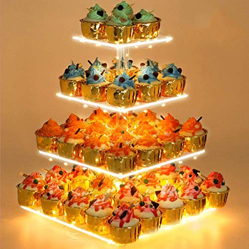 YestBuy 4 Tier Cupcake Stand Acrylic Tower Display with LED Light Premium Holder Dessert Tree Tower for Birthday Cady Bar Décor Weddings, Parties Events (Yellow Light) - color: Yellow, size: 4 tier