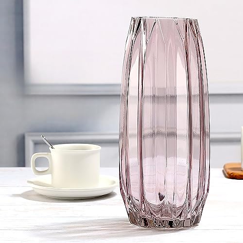 Lucky Bird Purple Pink Ribbed Glass Vase for Flowers and Candles - Modern Centerpiece (H12.0 inch) - color: Pink, size: H-11.8inch