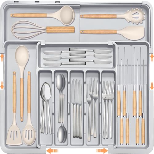 Silverware Drawer Organizer for Kitchen, Adjustable Utensil Drawer Organizer with 2 Knife Block, BPA Free Flatware and Cutlery Holder, Expandable Plastic Storage for Spoons Forks Knives(Grey) - color: Grey