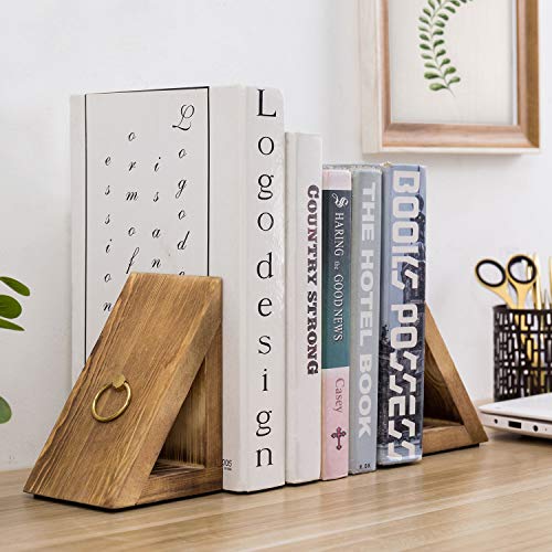 MyGift Brass Wood Decorative Bookends Triangular Design, Office Desk Wooden Book Ends, Book Stand for Shelves with Tone Ring Accent, Rustic Burnt - color: Burnt Wood Triangular