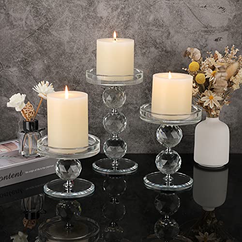 OwnMy Set of 3 Crystal Glass Pillar Candlestick Holders Clear Pillar Candle Holders Sets, Tealight Votive Candle Stands Modern Candle Centerpiece for Living Room Wedding Decor