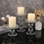 OwnMy Set of 3 Crystal Glass Pillar Candlestick Holders Clear Pillar Candle Holders Sets, Tealight Votive Candle Stands Modern Candle Centerpiece for Living Room Wedding Decor