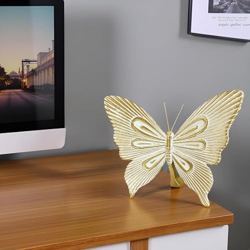 Dwelloria Gold Butterfly Sculpture Decor, Elegant Metal Look Butterfly Desktop ornaments, Modern White & Gold Butterfly Home Accent for Living Room, Bedroom, Entryway, Nature Inspired Decorative Ornament