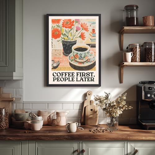 GELDSTEI Wood Framed Retro Coffee Wall Art, Vintage Cafe Wall Decor, Coffee First People Later Canvas Painting, Classical Cafe Bar Poster Print for Kitchen Dining Room Home Office 12x16 Inch - color: Retro(Wood), size: 16"L x 12"W