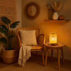LUSHARBOR Battery Operated Lamp Boho Rattan Table Lamp with Timer, Battery Powered Lamp Bedside Cordless Accent Lamp for Livingroom/Entryway/Tabletop Decor Beige - style: LATTICE