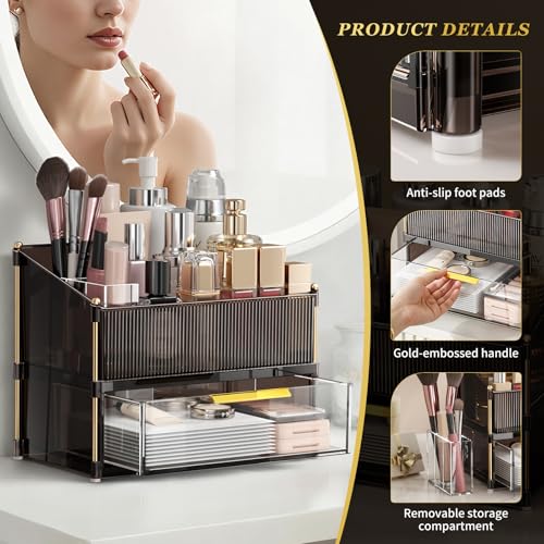 INVSSENE Stackable Makeup Organizer Countertop, Storage Perfume Skincare Cosmetic Lipstick Face Mask Makeup Brush Palettes, Ideal for Vanity Bathroom Counter - color: 3514 Coffee+Clear