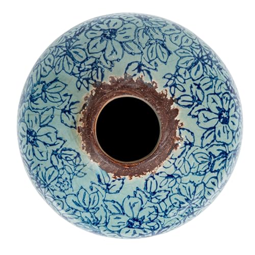 Creative Co-Op Decorative Round Terra-Cotta Vase with Floral Pattern with Distressed Finish, Blue