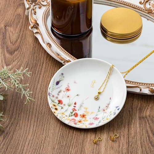 Crisky Initial Jewelry Tray Ring Dish & Gift Box, Ceramic Flower Trinket Dish for Rings Earrings Necklaces Keys, Bridal Shower Engagement Birthday Gift for Women, Friends 4.57" (Gold Foil T - style: Initial T
