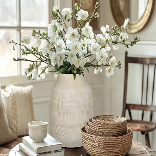 11" Rustic Ceramic Vase with Irregular Flutes Texture & Sand-Grain Surface, Antique Vase for Pampas & Vibrant Flowers, Warm-Toned Style, Beige White - color: 11" Beige White