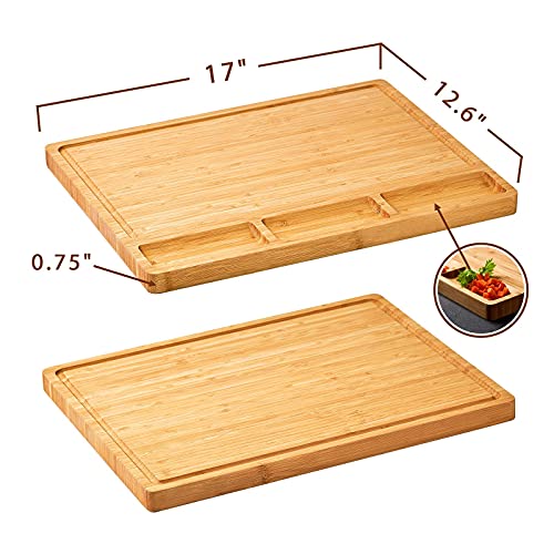 Large Bamboo Wood Cutting Board for Kitchen, Cheese Charcuterie Board with 3 Built-in Compartments and Juice Grooves, Butcher Block (17x12.6") - size: 17"L x 12.6"W