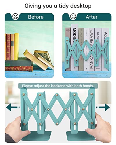 Honagu Adjustable Bookends, Metal Book Ends for Shelves Heavy Book, Desk Magazine File Organizer for Home, Office, Books, Papers, Extends up to 19 inches, Gifts for Students,Teachers (Light Green) - color: Light Green