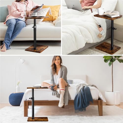 YUHFERA Sofa Armrest Tray Table for Couch - 360° Swivel Height Adjustable End for Small Spaces, Snack Side Table for Bed or Chair with Phone & Tablet Slot (Rustic,Standard) - color: Rich, size: Standard
