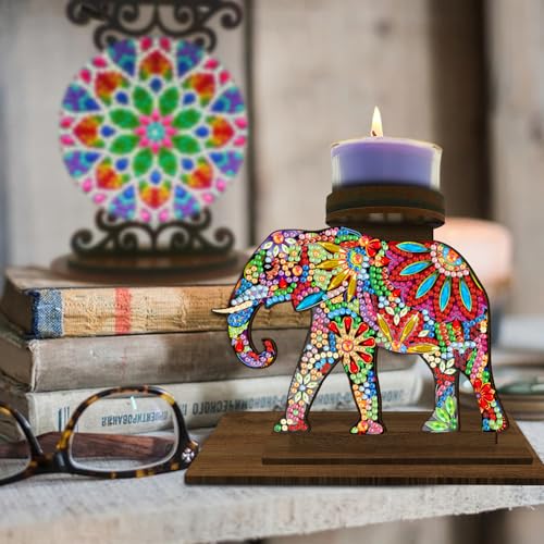 BAYUNOE DIY Candlestick Holders Wooden Desktop Diamond Art Painting Candle Holder Double-Sided Diamond Vintage Modern Decorative for Table Mantel Wedding Dinning Party-Gorgeous Elephant - color: Gorgeous Elephant