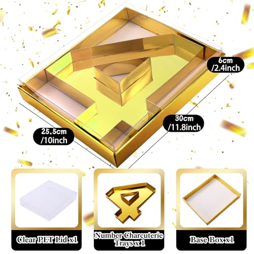 SiliFine 12" Charcuterie Number Shaped Mache with Clear Lid Fillable Sweets Serving Trays Paper Mache Cupcake Candy Box for 2025 Graduation Party Graduation Celebration(Gold,Number 4) - color: Gold, style: Number 4