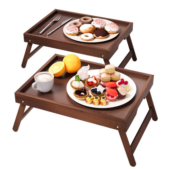 Fibogollo 2 Pack Bamboo Bed Tray Table with Folding Legs,Breakfast Trays,Serving Tray for Food and Snack,Laptop Trays for Working(Brown) - color: Brown, size: 2 PC