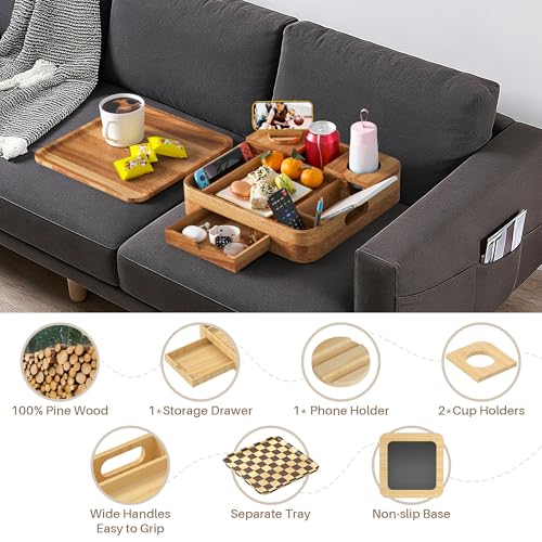 Couch Cup Holder, Couch Tray Cup Holder Sofa Tray, Acacia Wood Large Capacity 2-Tier Wooden Trays with Drawer for Sofa, Bed, Picnic, Drinks, Snacks, Remote, Cell Phone 12.5 * 12.5 in - color: Acacia Wood