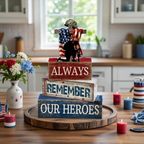 CroBlissful 4 Pcs Memorial Day Decorations 4th of July Patriotic Tabletop Decoration Red White Blue Table Centerpieces Alway Remember Our Heroes Sign for Tiered Tray Home Shelf 250th Anniversary - style: 4th of July