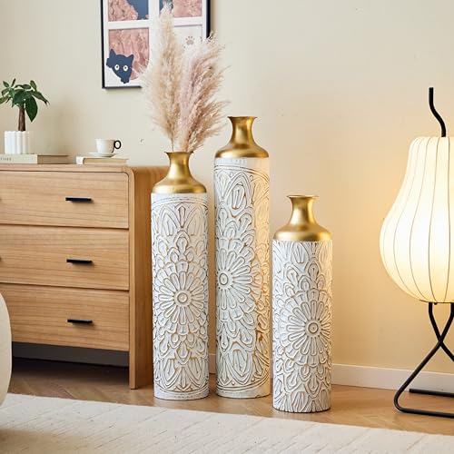 Floor Vases, Tall Home Decor Metal Vase Set of 3 Large Glazed Decorative Vases for Wedding Decor, Elegant Modern Flower Holder for Living Room, Entryway, Hallway, Dining Room - color: Floral Ivory Gold