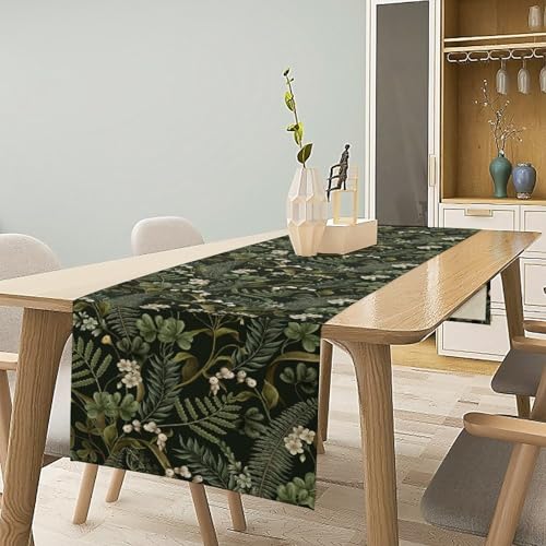 Nature Flowers Leaves Table Runner,Vintage 70s Green Plant Printed Table Runners for Kitchen Dining Table Home Party Decor 13x36in - color: Black-green, size: 13x36in