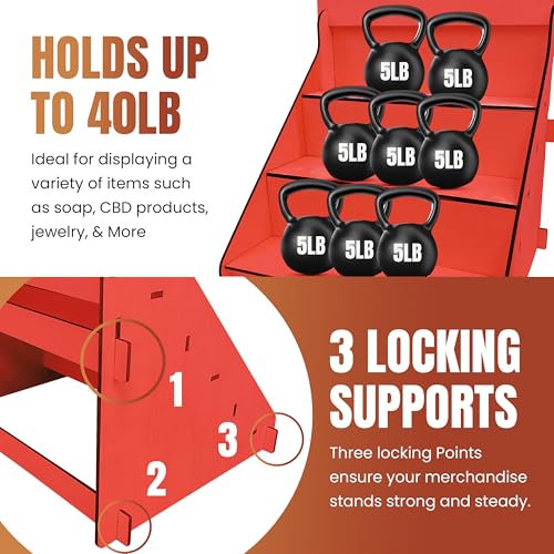 Wooden Portable Retail Table Display Stand Countertop 3 Step Riser Craft Shows, Farmers Markets Tradeshows |No Hardware Assembly Flat Pack Soap Display CBD Jewelry Spices Cups Tumblers Coasters - color: Red