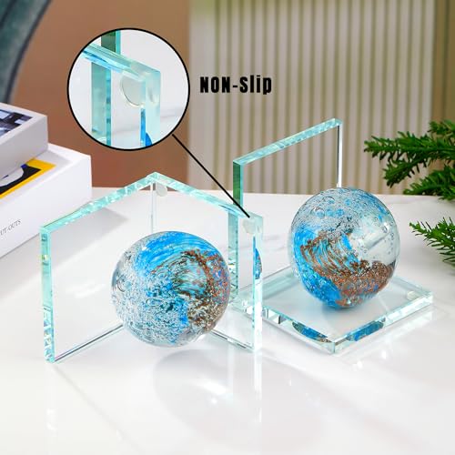 Book Ends for Shelves, Glass Bookends with Light Blue Glass Hand Blown Sea Wave Ball, Non Skid Sturdy Decorative Bookends for Ocean Lovers, Heavy Books, Office, Set of 2 - color: Light Blue
