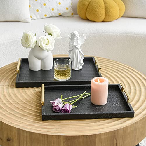 Set of 2 Modern Elegant Large Wood Serving Tray, Rectangle Decorative Tray Ottoman Tay Coffee Table Tray, Black Crocodile Leather with Gold Polished Metal Handles - style: Black Crocodile Tray