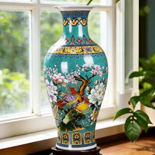 14" Jingdezhen Large Fishtail Ceramic Vase Golden Handmade Home Decorative Vase, Modern Luxury Accent for Living Room, Wedding, or Gift. Elegant Floral Arrangement Centerpiece. (Green) - color: Green