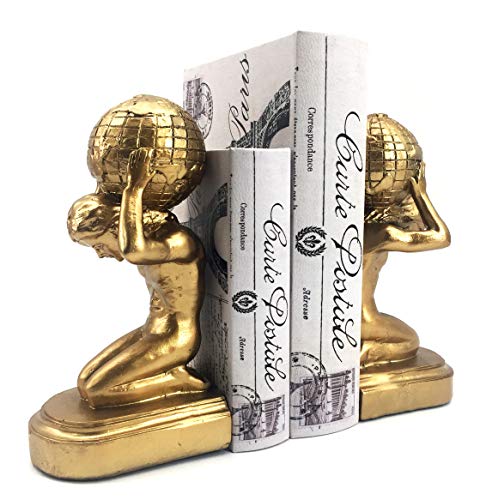 Bellaa 22968 Decorative Bookends Atlas Globe Greek Statues European Art Book Ends Stopper 7 inch Golden