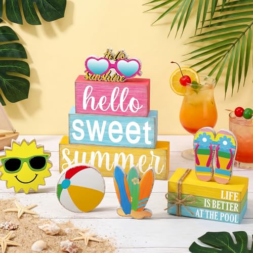 Vercraft 11 Pcs Summer Hawaiian Table Decorations Set Summer Tiered Tray Decor Flip Flops Centerpiece Faux Book Stack Block for Table Home Office Decorations - style: Pool