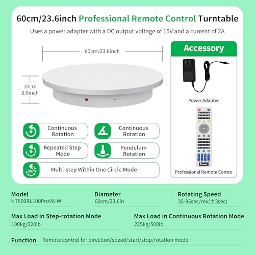 Remote-Controlled Motorized Electric Turntable,Heavy Duty Rotating Display Stand,Speed-Adjustable Rotating Platform,Multi-Mode 360° Photography Turntable for 3D Scan,Photography(23.6in/White) - size: 23.64inch/White/500Lbs Load