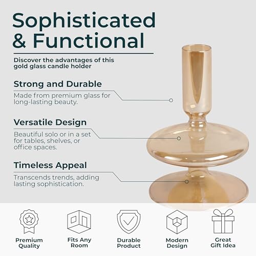 Glass Candle Holder – Taper Candle Holders for Table Decor and Soft Everyday Candlelight – Dining Room, Mantel, or Bedroom Placement – Sculptural Bubble Design Accent, Home Decor – 5", Gold Finish - color: Gold, size: 5.0" H