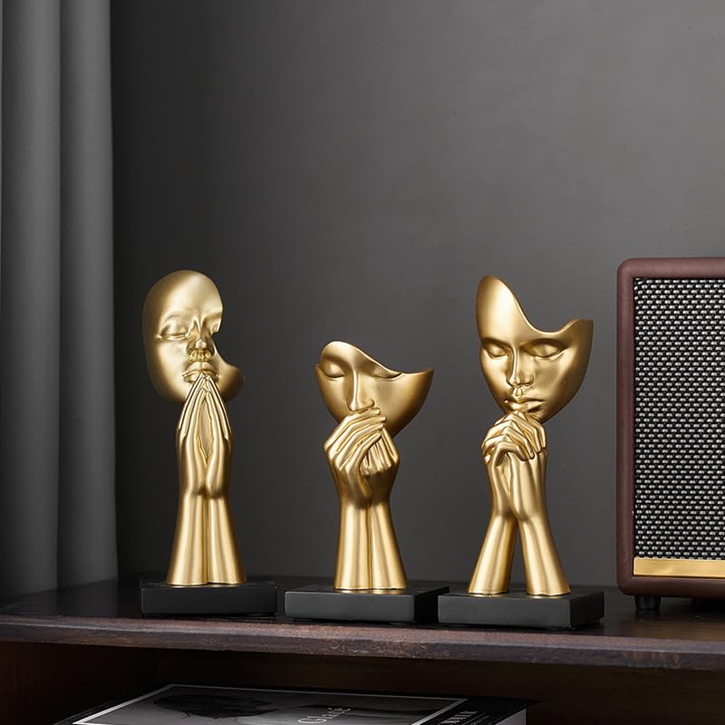 3-Piece Set of Thinker Statues, Gold and Silver Black Abstract Art Meditation Prayer Sculptures, Modern Home Decoration, Desktop Decoration, Home or Office Decoration Art Gifts (Gold) - color: Gold