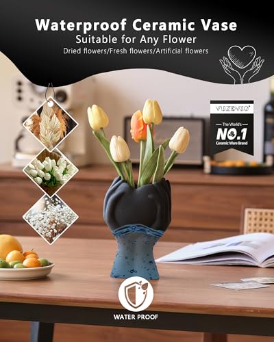 8" Heart Hand Black Ceramic Vase - Unique Modern Aesthetic Flowers Vase for Living Room Bedroom Office Kitchen Table Centerpiece or Shelf Decor-Gifts for Wedding Bridal Shower Women Mom (Black) - color: Black