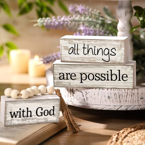 Yuntau 4 Pcs Farmhouse Wooden Tabletop Decor Farmhouse Tiered Tray Decor Rustic Retro Wood Bead Garland with God All Things are Possible Block Sign Neutral Centerpiece Sign for Home Shelf Mantle - style: Farmhouse