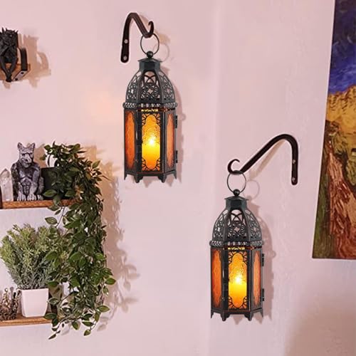 DECORKEY Moroccan Lanterns Decorative Indoor & Outdoor, 11’’ Medium Size Vintage Metal Hanging&Tabletop Candle Holder Decor, Halloween Christmas Ramadan Decorations for Home Porch Patio (Amber) - color: Amber - 11''h, size: Medium