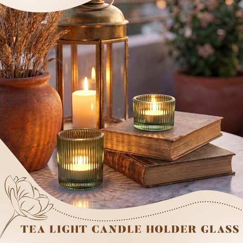 36 Pcs Vintage Green Ribbed Glass Tealight Holders Bulk, 18 Large & 18 Small Candle Holders for Christmas, Table Centerpieces, Wedding Decor, Birthday & Home Party Ambiance