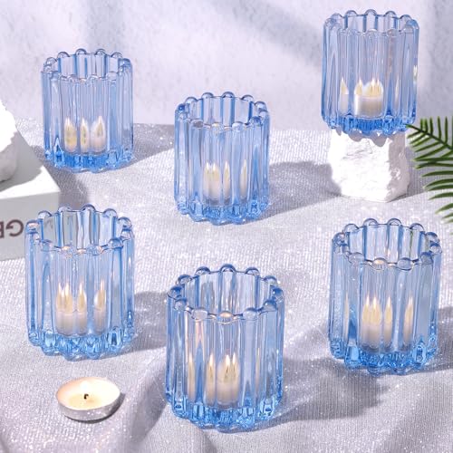 HAVITI 6 PCS Votive Candle Holder, Blue Glass Candle Holders, Tealight Candle Holder for Wedding Centerpieces Dinner Party Baby Shower Table Decor - color: Blue
