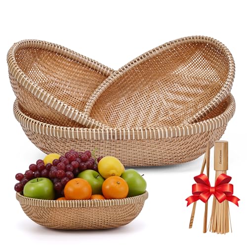 Set of 3 Handwoven Bamboo & Rattan Baskets – Woven Bread Basket & Fruit Bowl for Kitchen Counter, Decorative Wicker Tray for Serving Snacks, Pastries & Table Centerpiece - style: SET3 Handwoven Bamboo Oval Basket