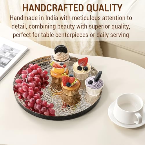 MyGift 12 Inch Round Decorative Platter, Silver Tone Plated Hammered Aluminum with Matte Black Accent Serving Plate, Centerpiece Base or Vanity Tray - Handcrafted in India - color: Black (12 Inch)
