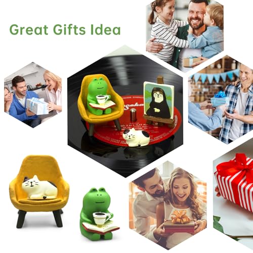 RAQWI Cute Frog Reading on Yellow Sofa Figurine with Cat Painting & Kitten Statue, Mini Resin Animal Set for Office Desk, Bookshelf Decor, Gift for Book & Cat Lovers - color: First Set