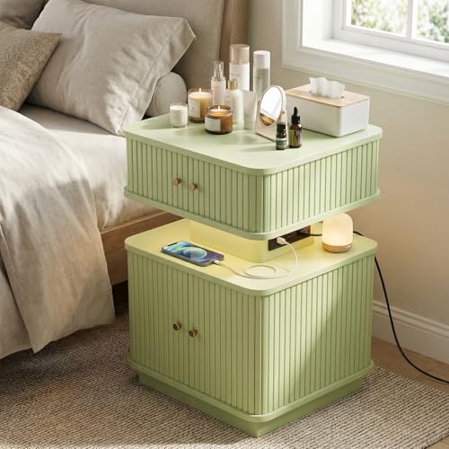 LED Light End Table with Charging Station, Green Mid Century Bedside Table with USB Type A C Ports, Small Fluted Accent TV Control Nightstand with 2 Sliding Door for Living Room, Curvy Edge - color: Green