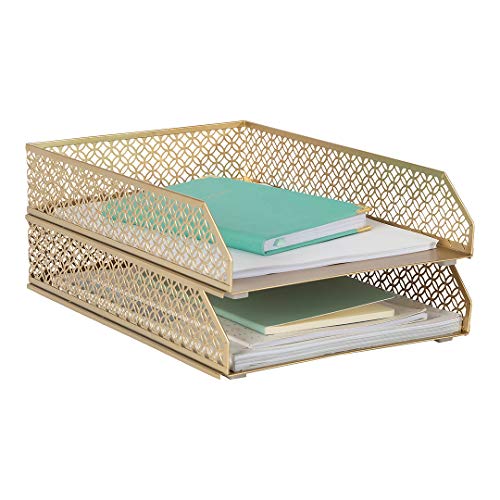BLU MONACO | Paper Tray Stackable Gold Set of 2 | Stackable File Trays for Desk Organization | Tiered Desk Organizer with Metal Letter Trays