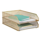 BLU MONACO | Paper Tray Stackable Gold Set of 2 | Stackable File Trays for Desk Organization | Tiered Desk Organizer with Metal Letter Trays