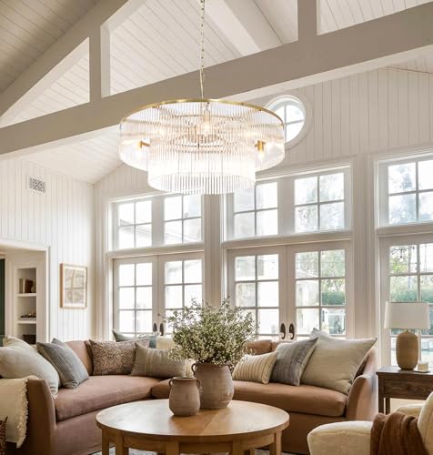 Contemporary Brass Dining Room Chandelier 2 Tier Crystal Glass Chandeliers Lighting Light Fixture Ceiling Entryway Bedroom Kitchen Entryway 10 Lights Round 32" - size: Medium Brass (32" x 70")