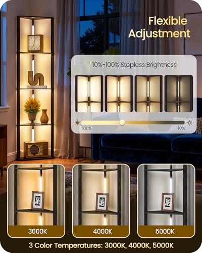 63.4” Display Shelf with Light, Modern Corner Floor Lampe with Shelves, LED Dimmable Standing Lamp with Remote for Living Room, Bedroom, Office, Adjustable CCT, Black Triangle B55LD05 - color: Black Triangle