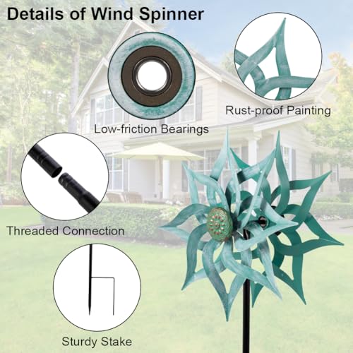 Viveta Metal Wind Spinners,53.5" Kinetic Wind Sculptures,Green Garden Pinwheels Double Layer Windmill for Outdoor Patio Lawn Yard - color: 2-green