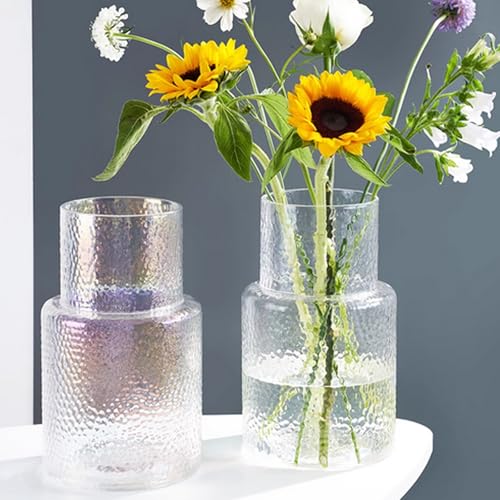 Ribbed Vase Glass Fluted Flower - Esmiome Clear Vases Modern Flower Vase Decorative with Big Capacity Pot Large Wide for Flowers Home Office Wedding, Office, Living Room, Table,Shelf, 6.3''(W)*10''(H)