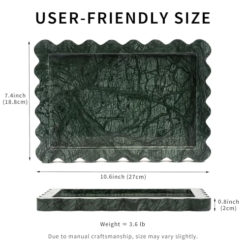 Scalloped Green Marble Tray - Large Home Decorative Stone Vanity Perfume Candle Plates for Bathroom Accessories Coffee Table, Key Dish for Kitchen Countertop Entryway (10.6" x 7.4" x 0.8") - color: Scallop-green
