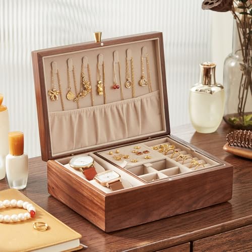 CHOSIN Black Walnut Wooden Jewelry Box for Women 2 Layer Jewelry Organizer with Removable Tray for Watches Rings Earrings Necklace Bracelets Storage Gifts for Mom - style: 2 Layer B